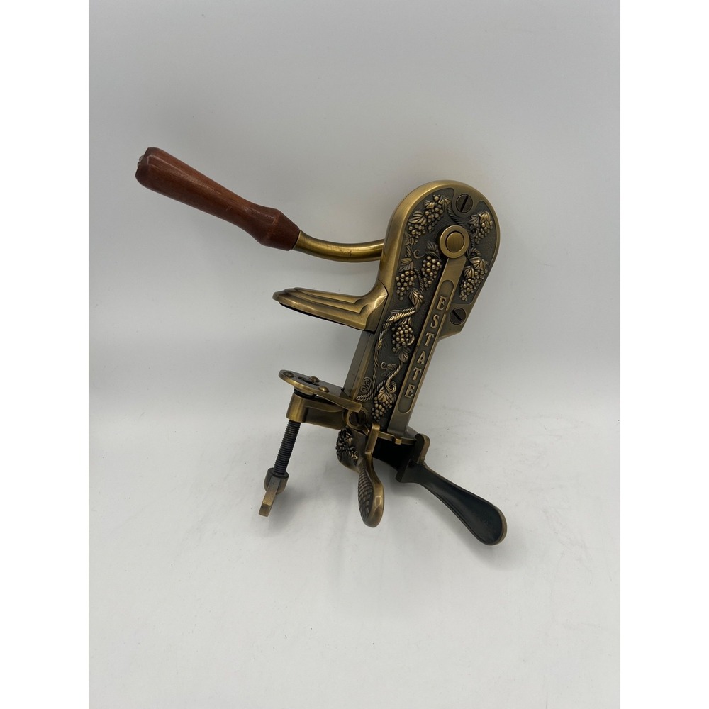 VTG Estate Brass Lever Wine Bottle Corkscrew Wood Handle Table Mount Wine Opener